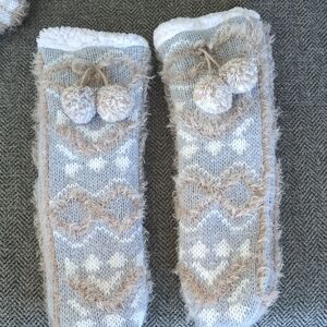 2 Pairs Muk Luks Cozy Knit Slipper Socks with Sherpa and Pom Poms